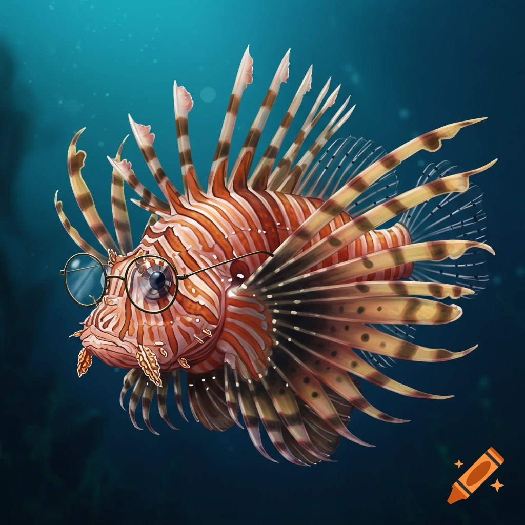 Stylized illustration of a lionfish wearing wire-rimmed glasses in blue water.