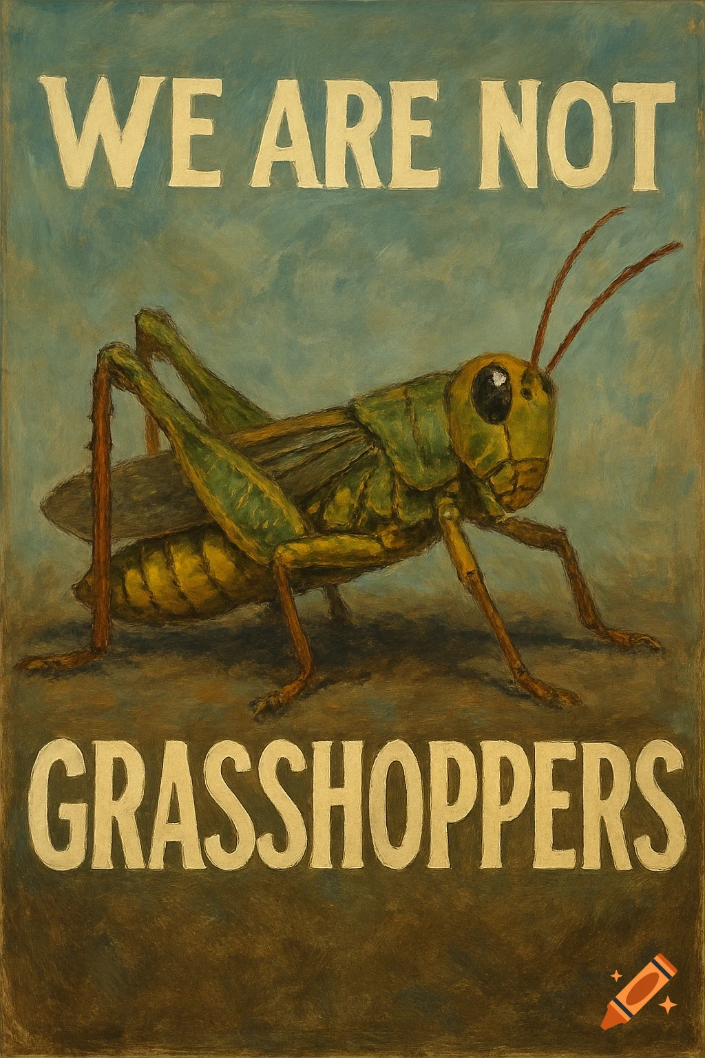 A painterly image of a grasshopper with the text "WE ARE NOT GRASSHOPPERS"