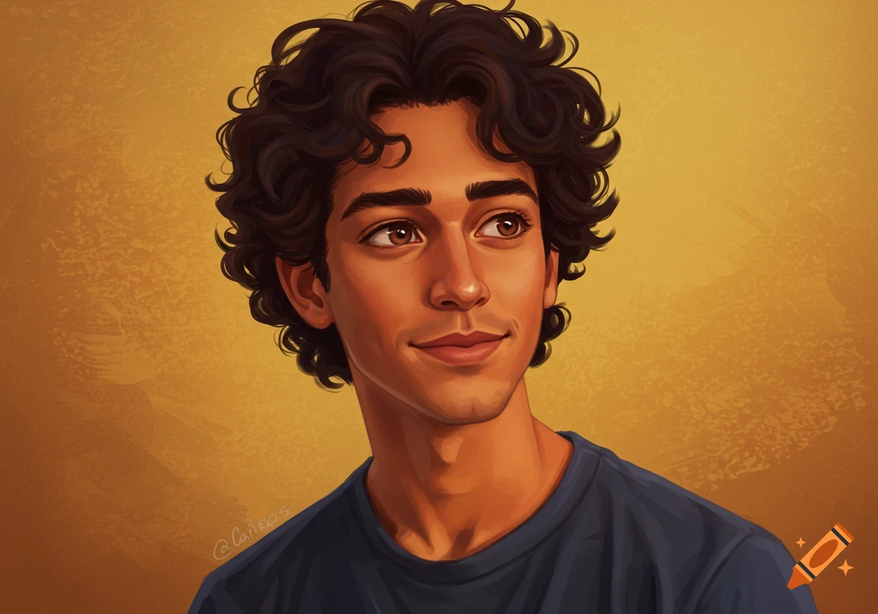 Digital painting portrait of a young man with curly dark hair looking ...