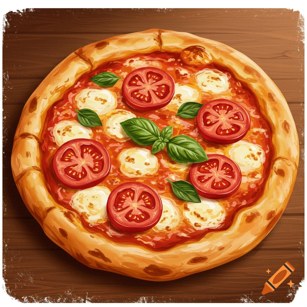 A top-down view of a pizza with tomato, mozzarella, and basil on a wooden table, in a painterly style.