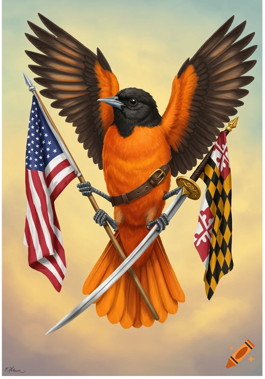Detailed Oriole bird with spread wings holding a US flag, Maryland flag, and sword.