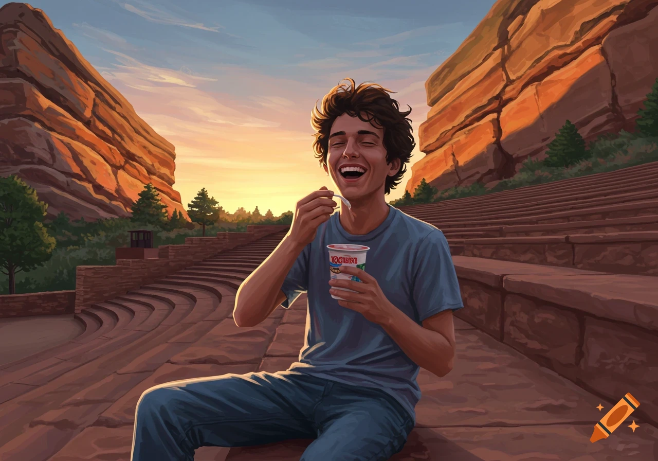 Smiling man eating yogurt in an outdoor amphitheater at sunset