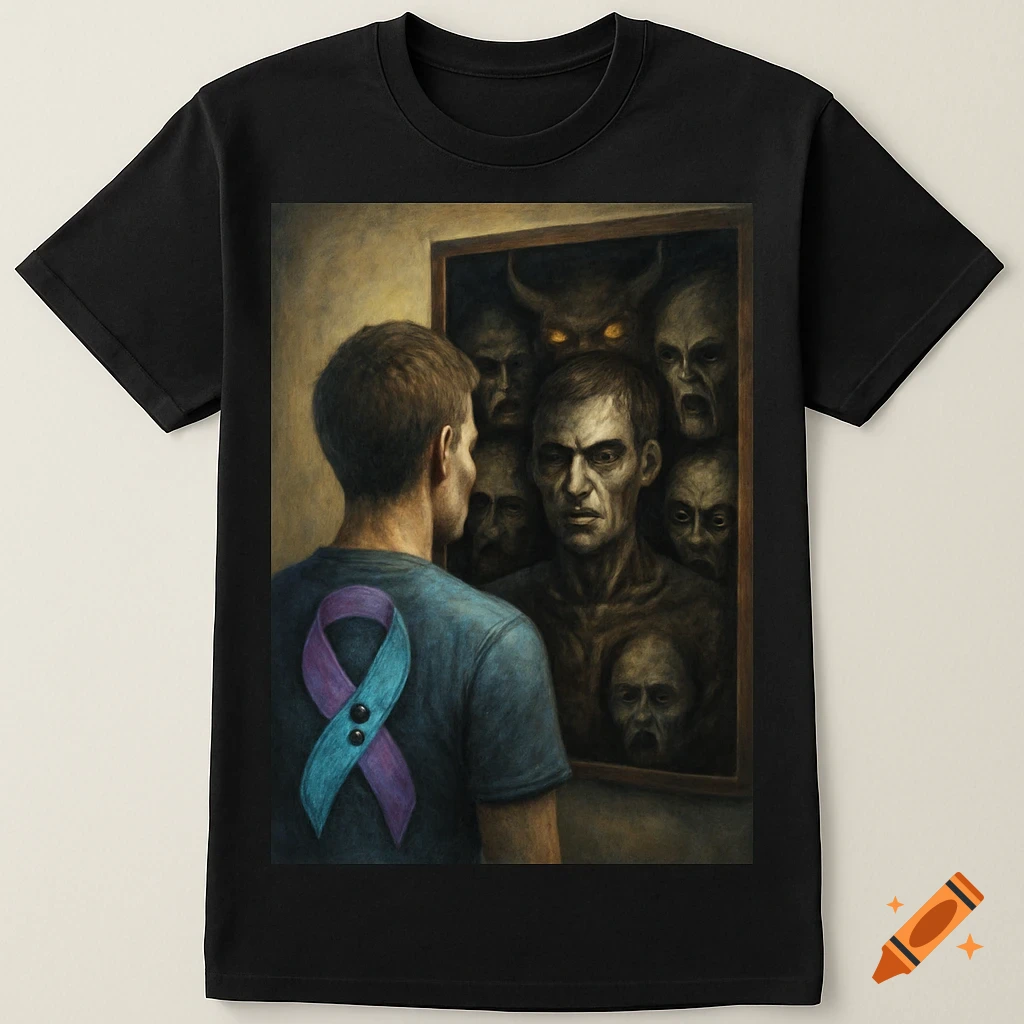 Man looking in mirror seeing demons in reflection, wearing shirt with purple and teal ribbon.