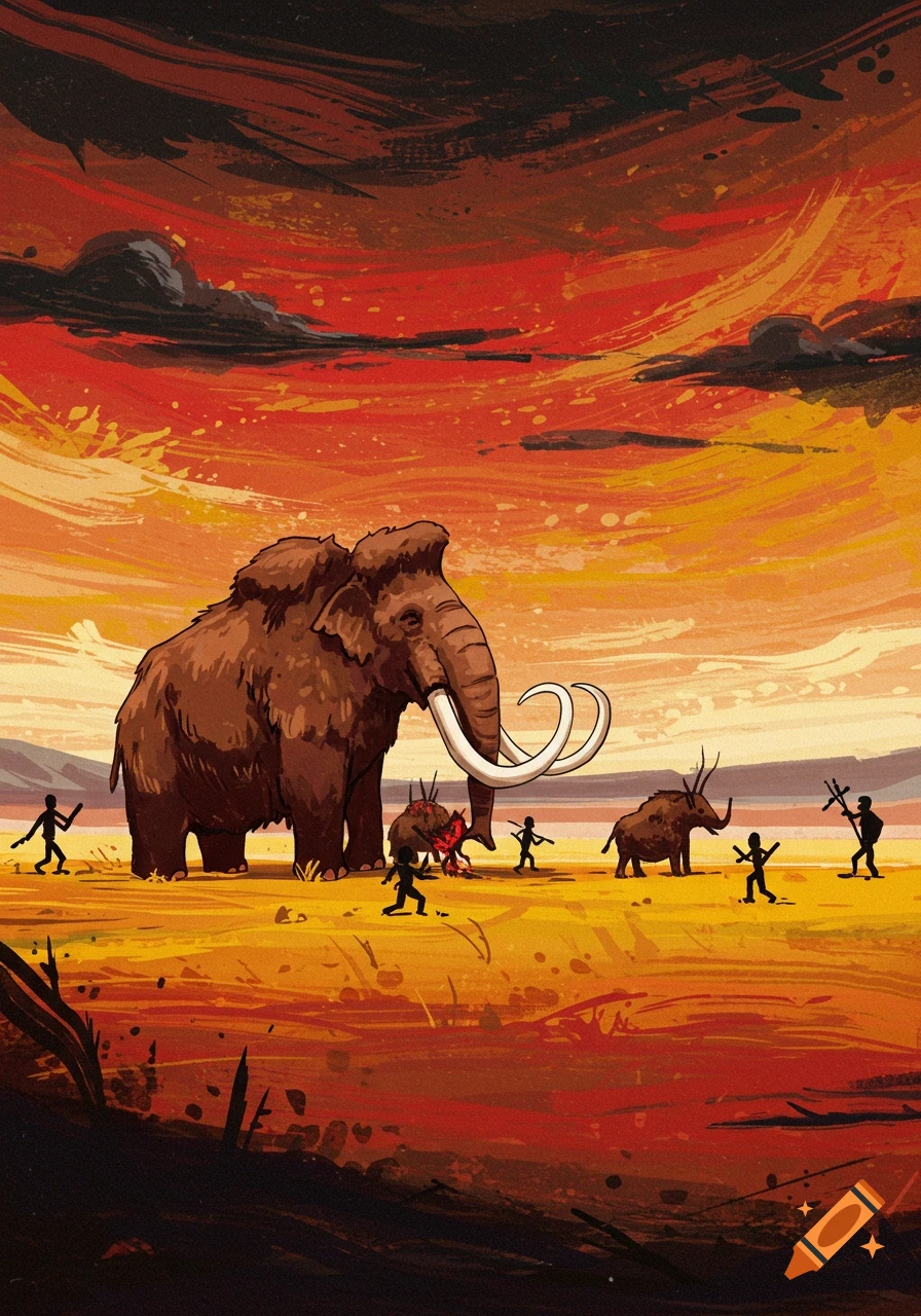 Prehistoric illustration of stick figures hunting a mammoth and other animals under a fiery sky.