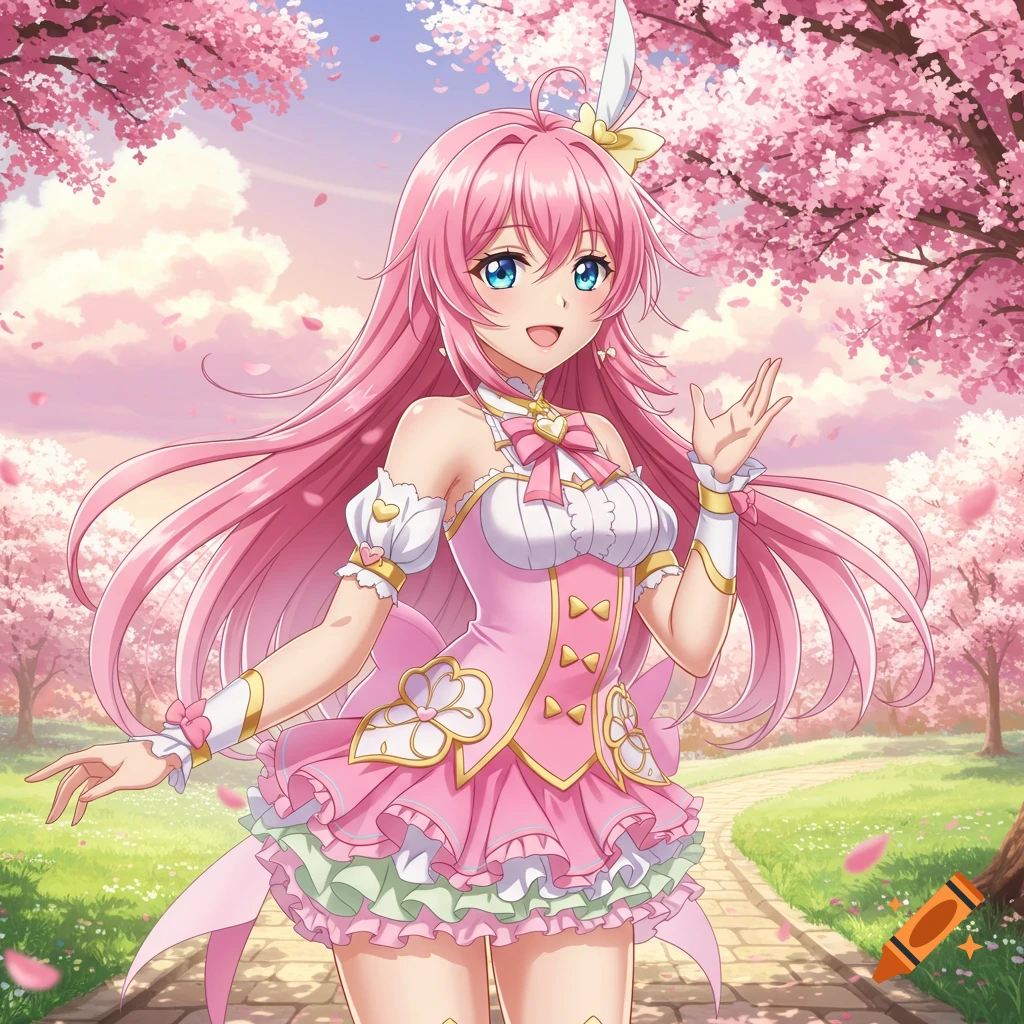 An anime girl with pink hair and a pink dress stands among cherry blossom trees.