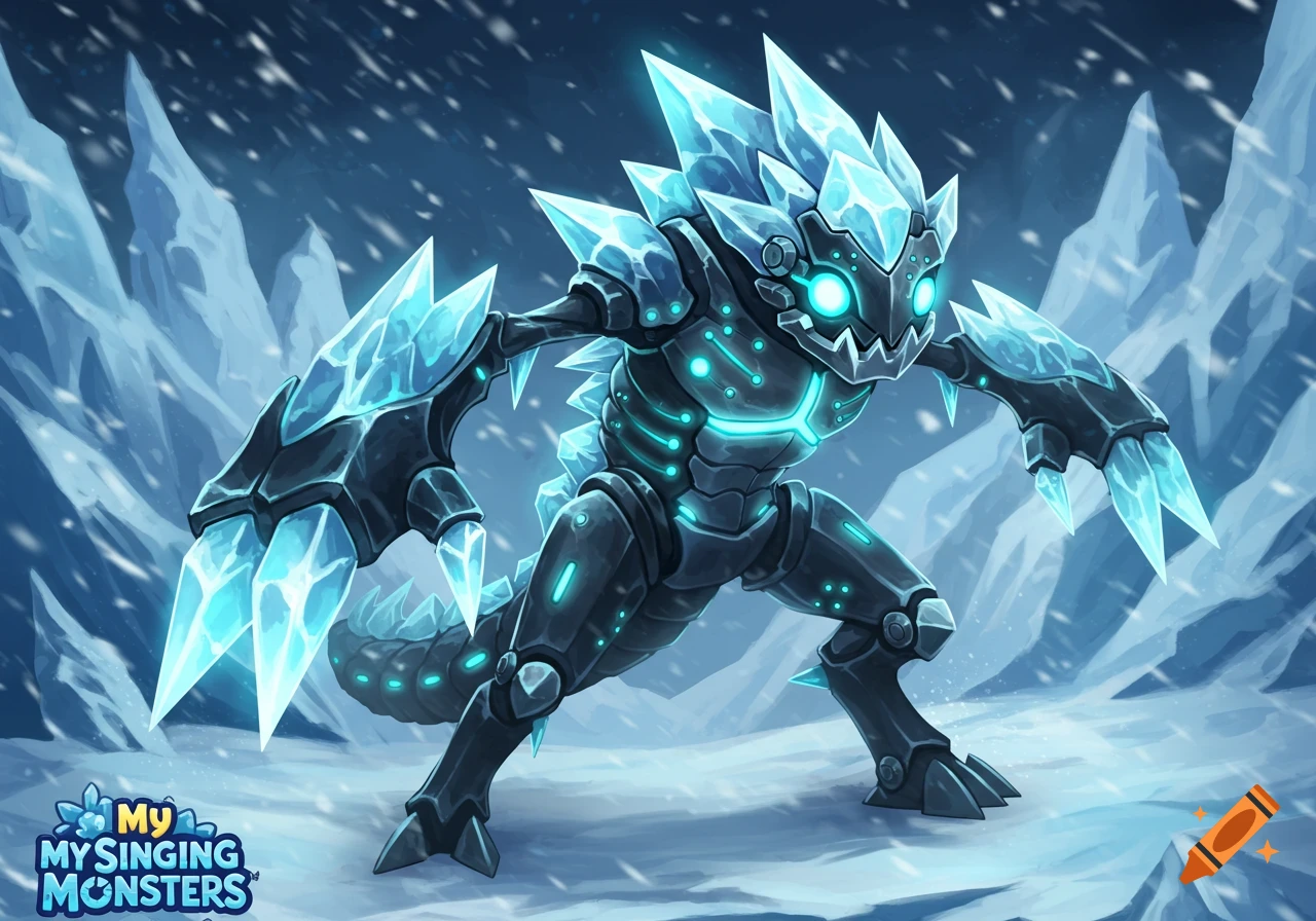 A blue crystal and dark metal monster stands in a snowy, icy landscape. It has glowing blue eyes and circuitry patterns. Illustration style.
