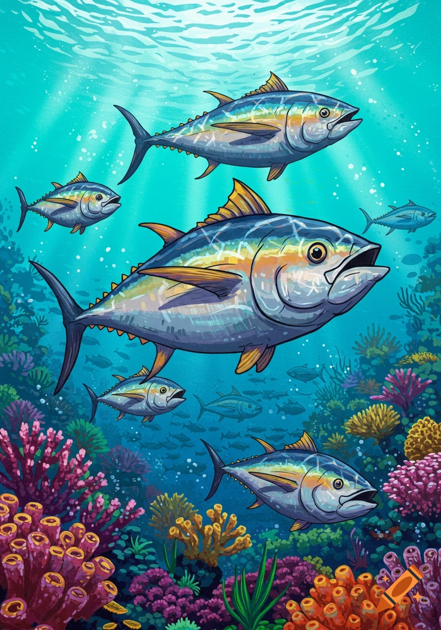 Several tuna fish swim among vibrant coral and plant life on a sunny ocean floor.