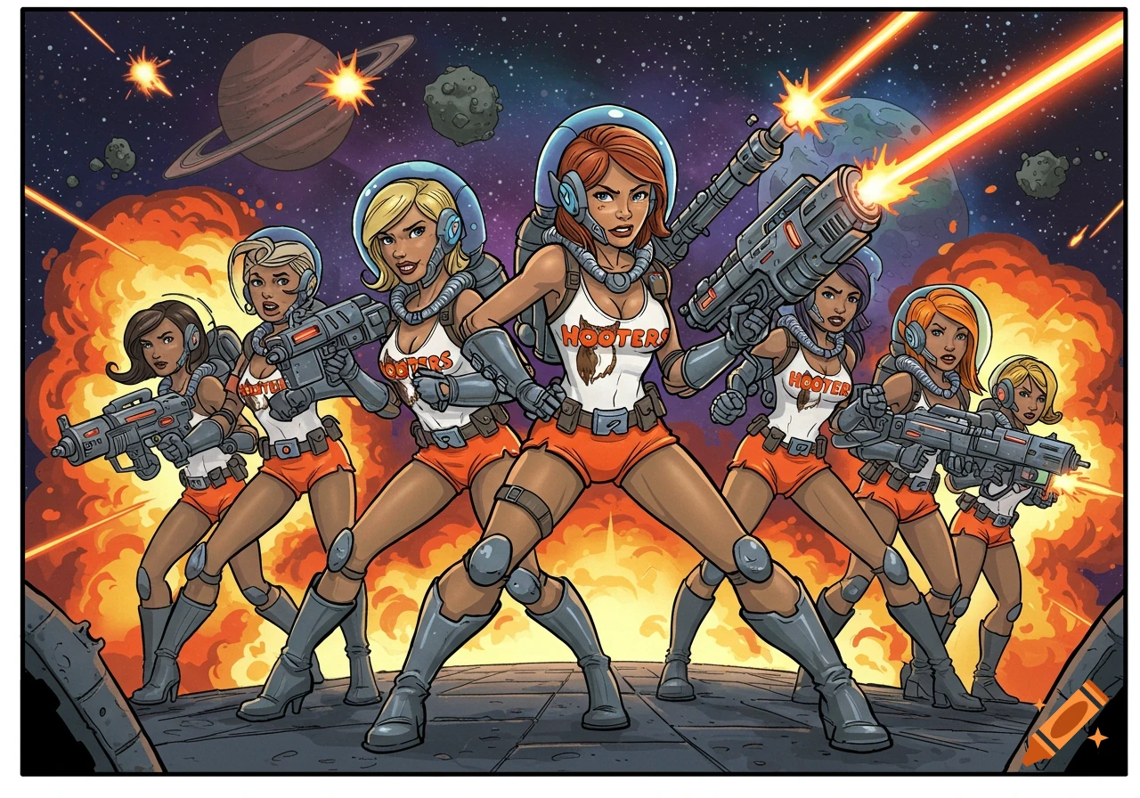 Cartoon of women in Hooters outfits and space armor holding guns and firing in space with explosions.