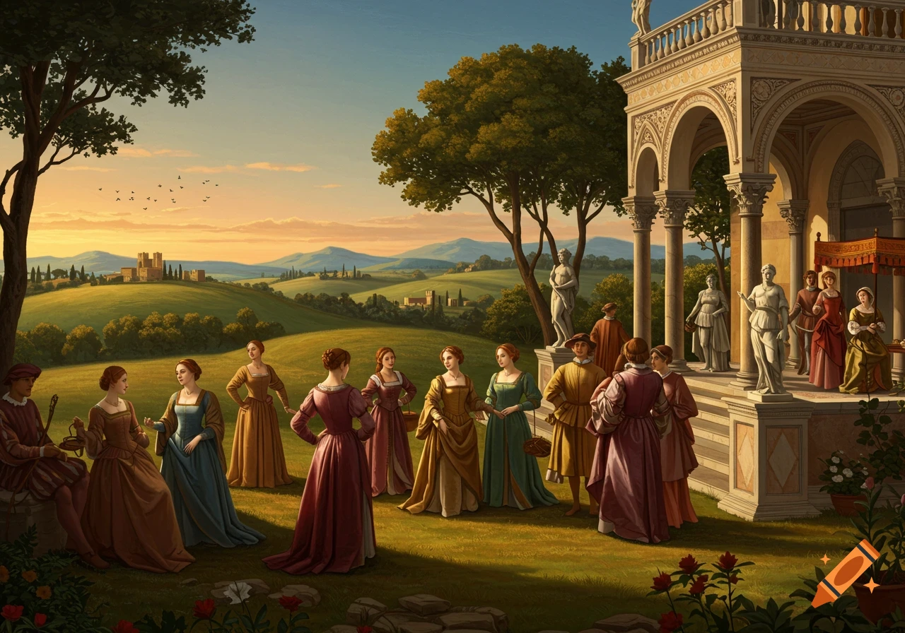 Renaissance style painting of people in historical dress gathered in a garden near a large building.
