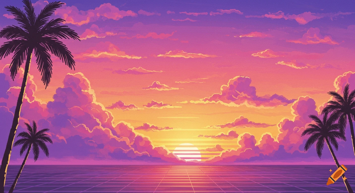 Retro pixel art sunset over grid water with palm trees