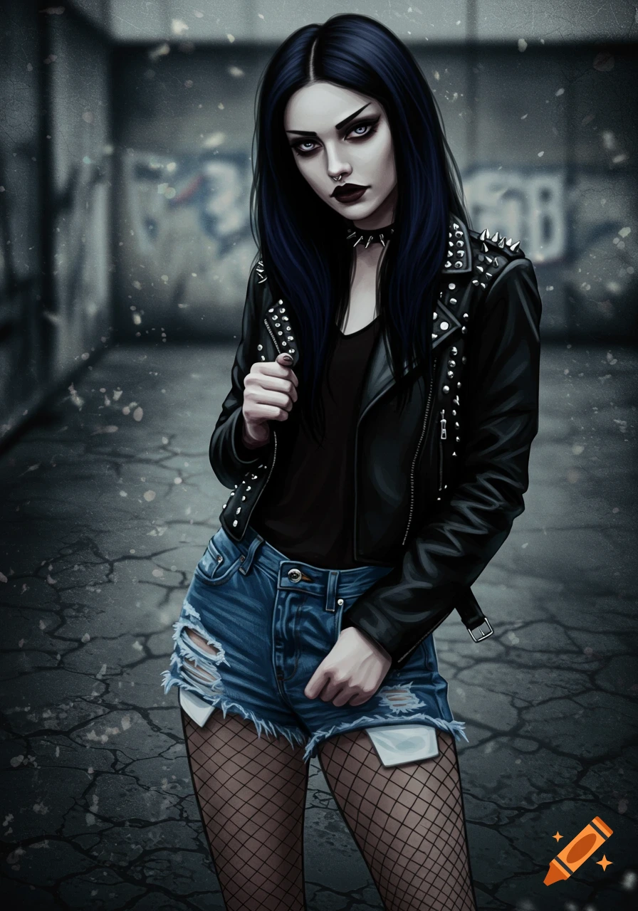 A goth woman in a leather jacket, ripped denim shorts, and fishnet stockings stands in front of a blurry wall.