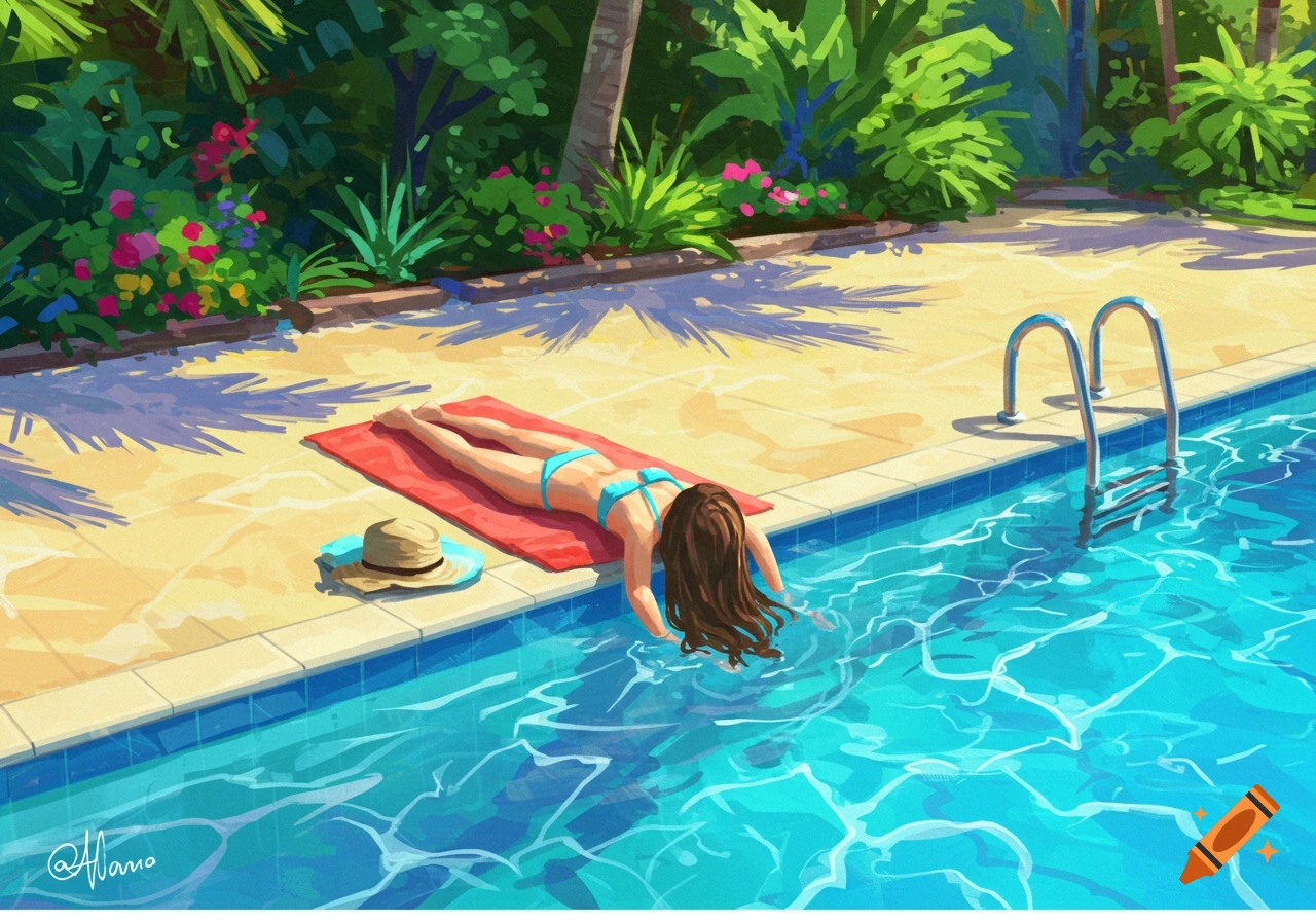 Illustration of a woman sunbathing on a red blanket by a pool with lush plants.