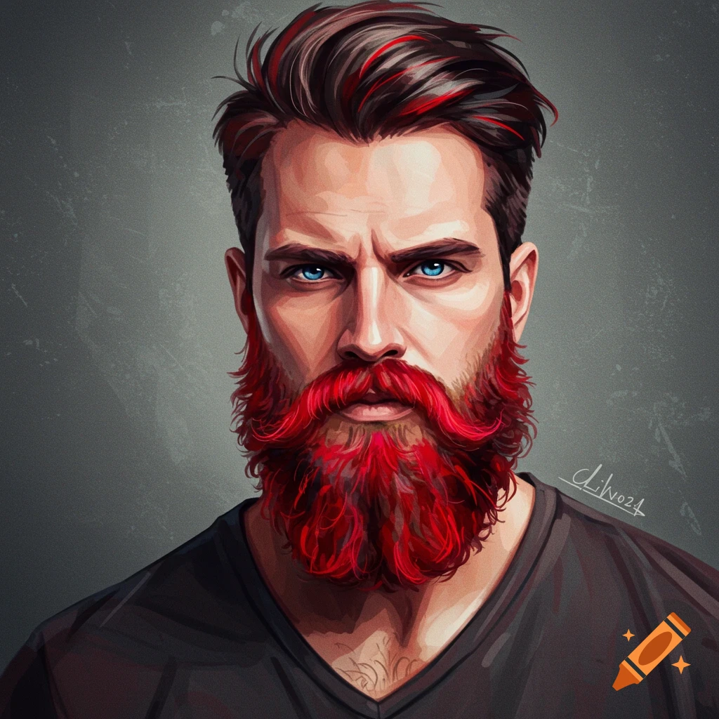 Digital painting of a man with blue eyes and a bright red beard.