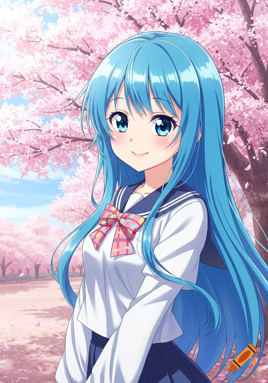 Anime girl with blue hair smiling under cherry blossom trees