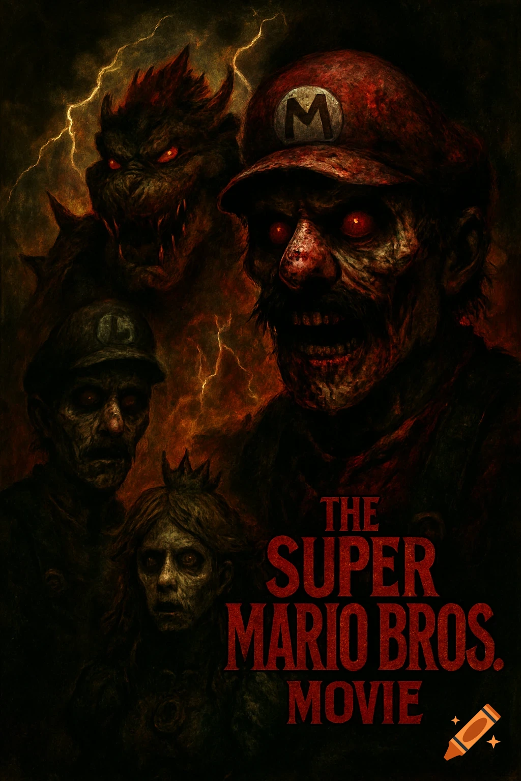 Horror style movie poster with zombified Super Mario characters and title 'The Super Mario Bros. Movie'.
