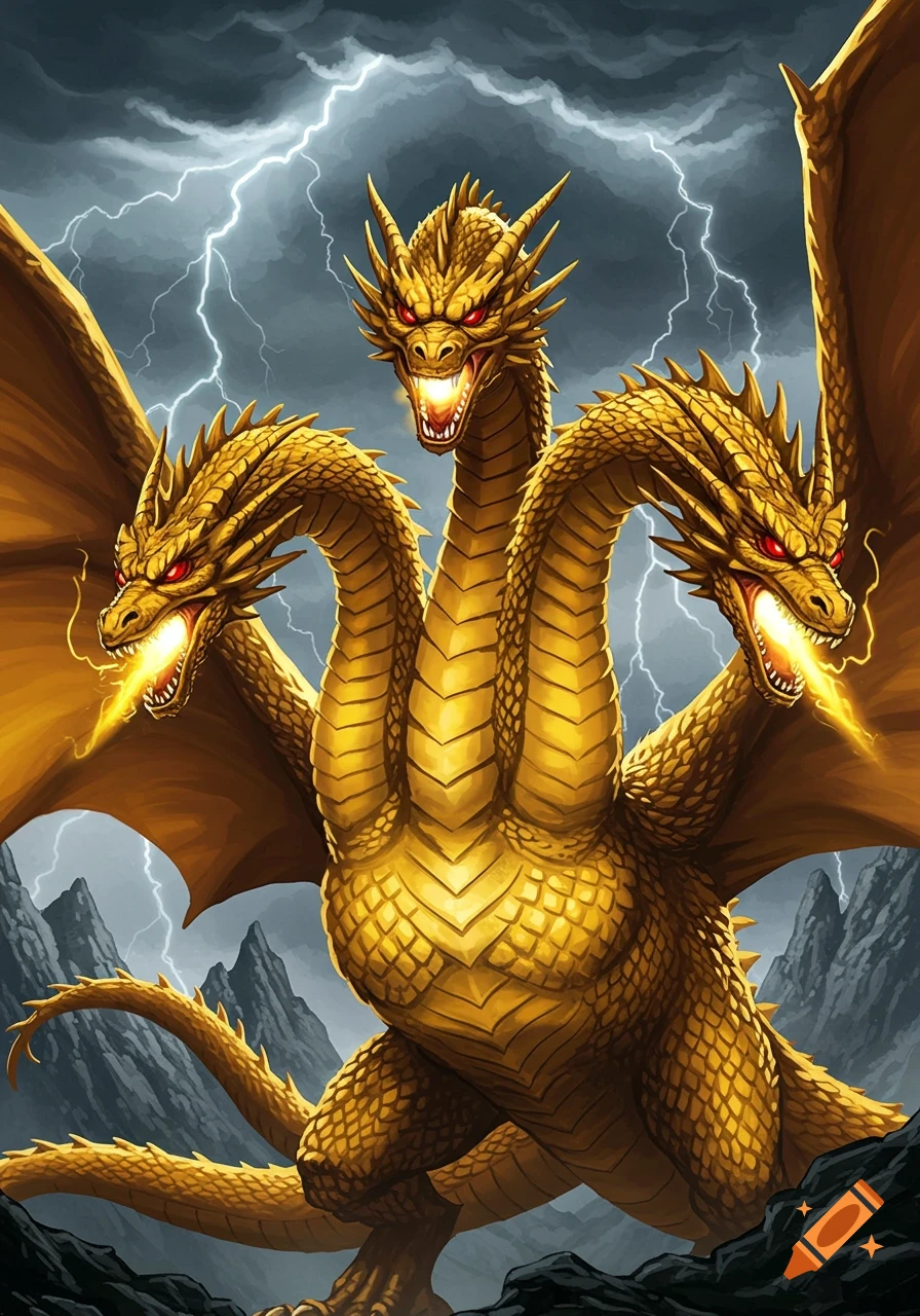 Illustration of a golden three-headed dragon with wings, breathing fire, against a storm sky with lightning.