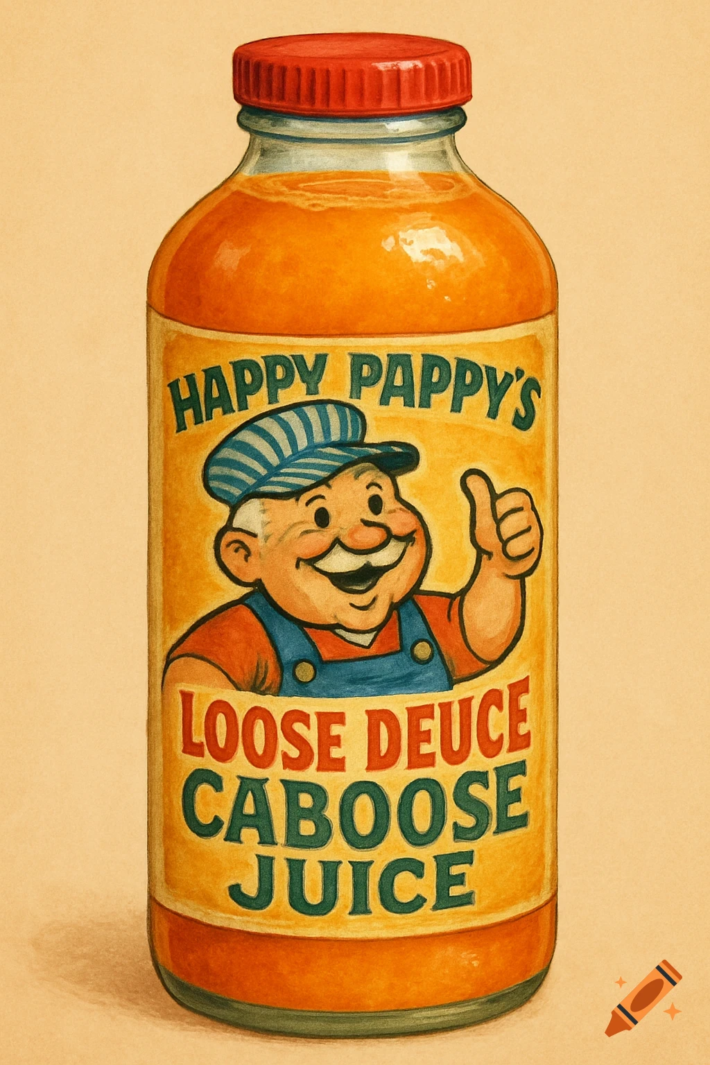 A bottle of Happy Pappy's Loose Deuce Caboose Juice with a cartoon character label, illustration style.