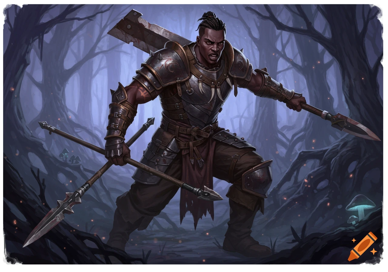 A dark-skinned male fantasy warrior in armor, holding spears, stands in a dark forest.