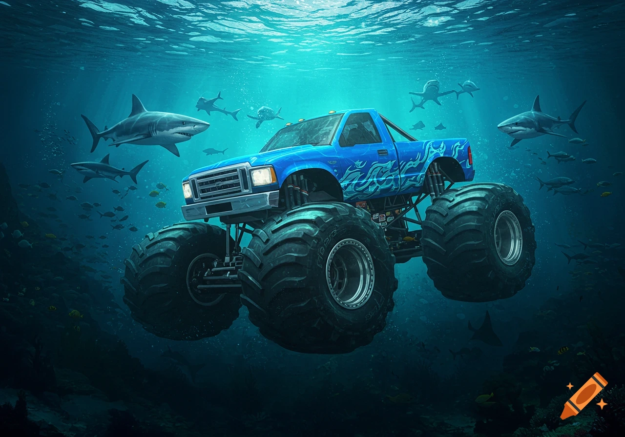 Blue monster truck underwater surrounded by sharks.