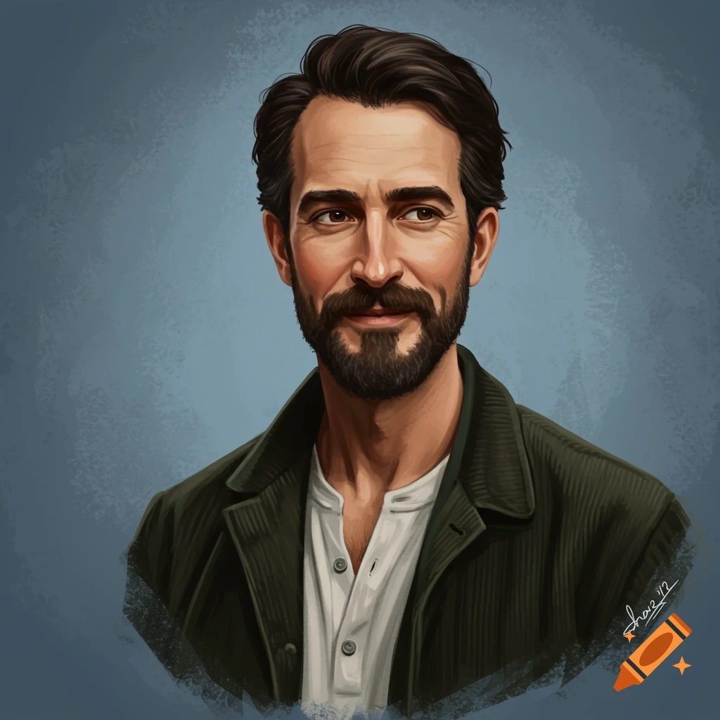 A digital painting of a man with a beard looking to the side.