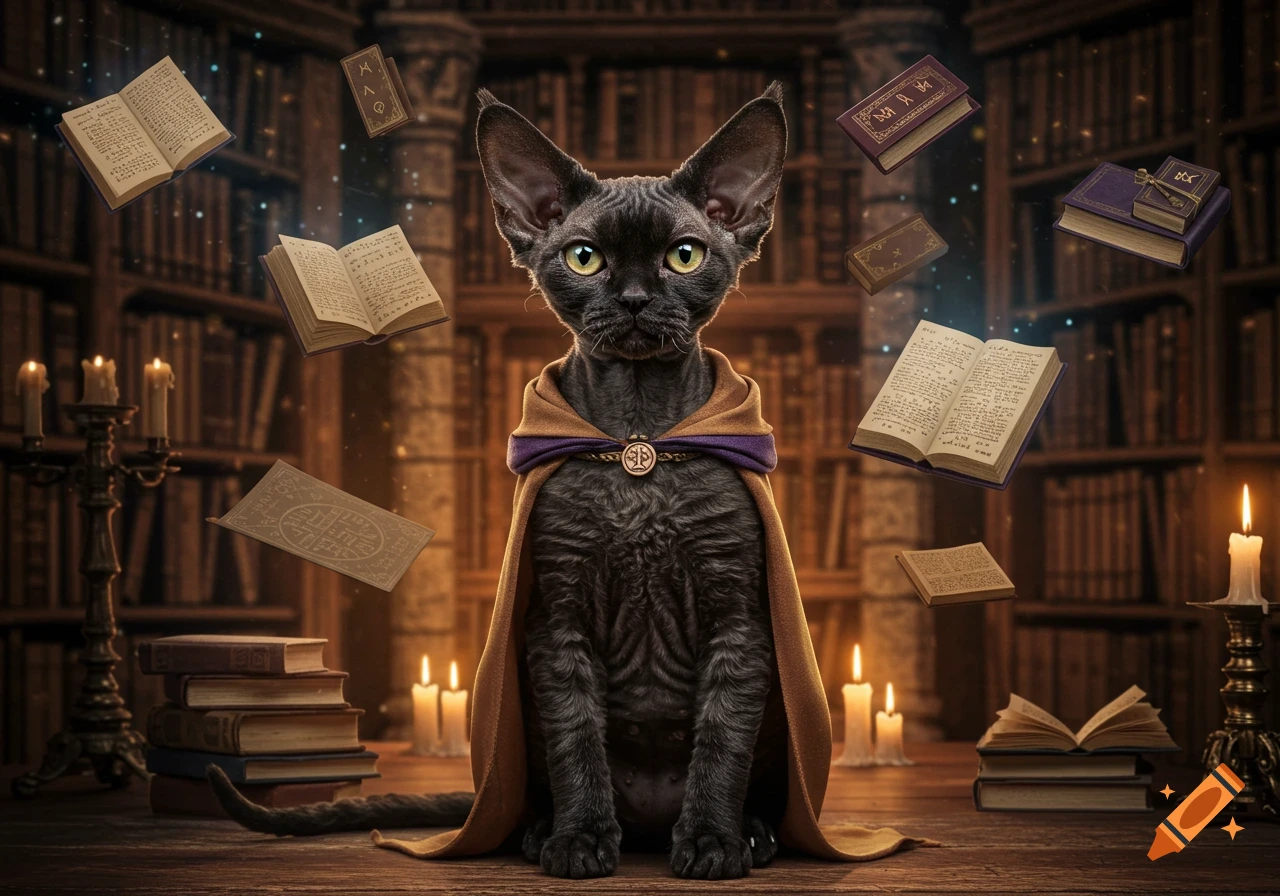 A black Devon Rex cat wearing a wizard cloak sits in a magical library with floating books and candlelight.