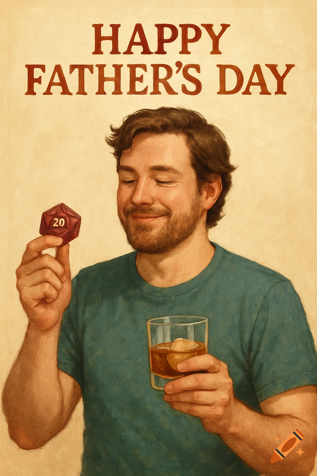 Illustration of a man holding a 20-sided die and a glass of whiskey, text above reads 'HAPPY FATHER'S DAY'.