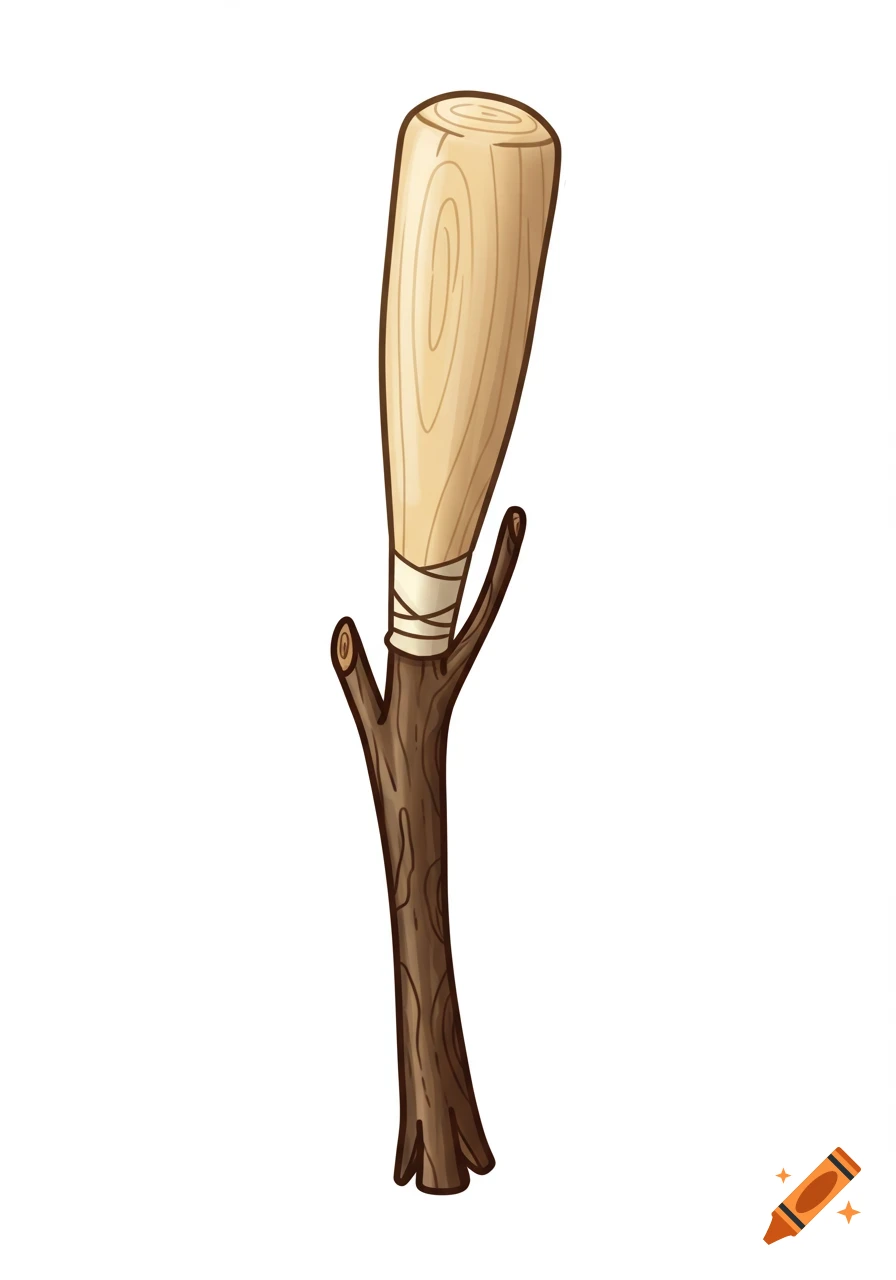 A stylized illustration of a wooden bat attached to a stick or branch.
