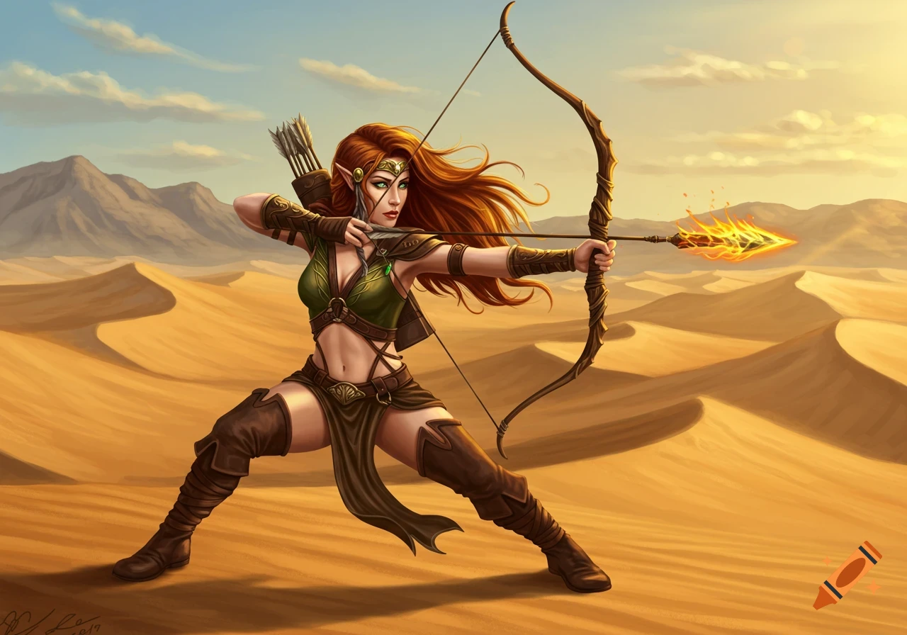 A fantasy archer in a desert aims a bow with a flaming arrow.