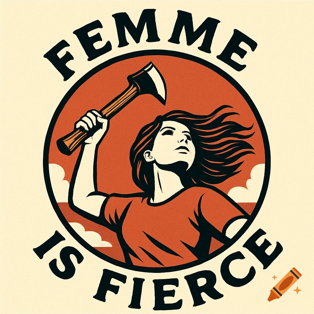 Graphic illustration of a woman holding an axe, with the text "FEMME IS FIERCE" around her.