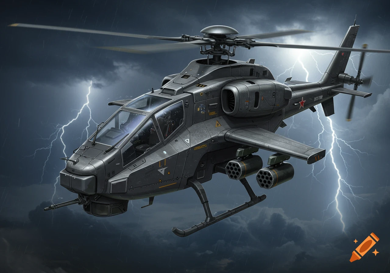 A dark military attack helicopter flies through a storm with lightning strikes.
