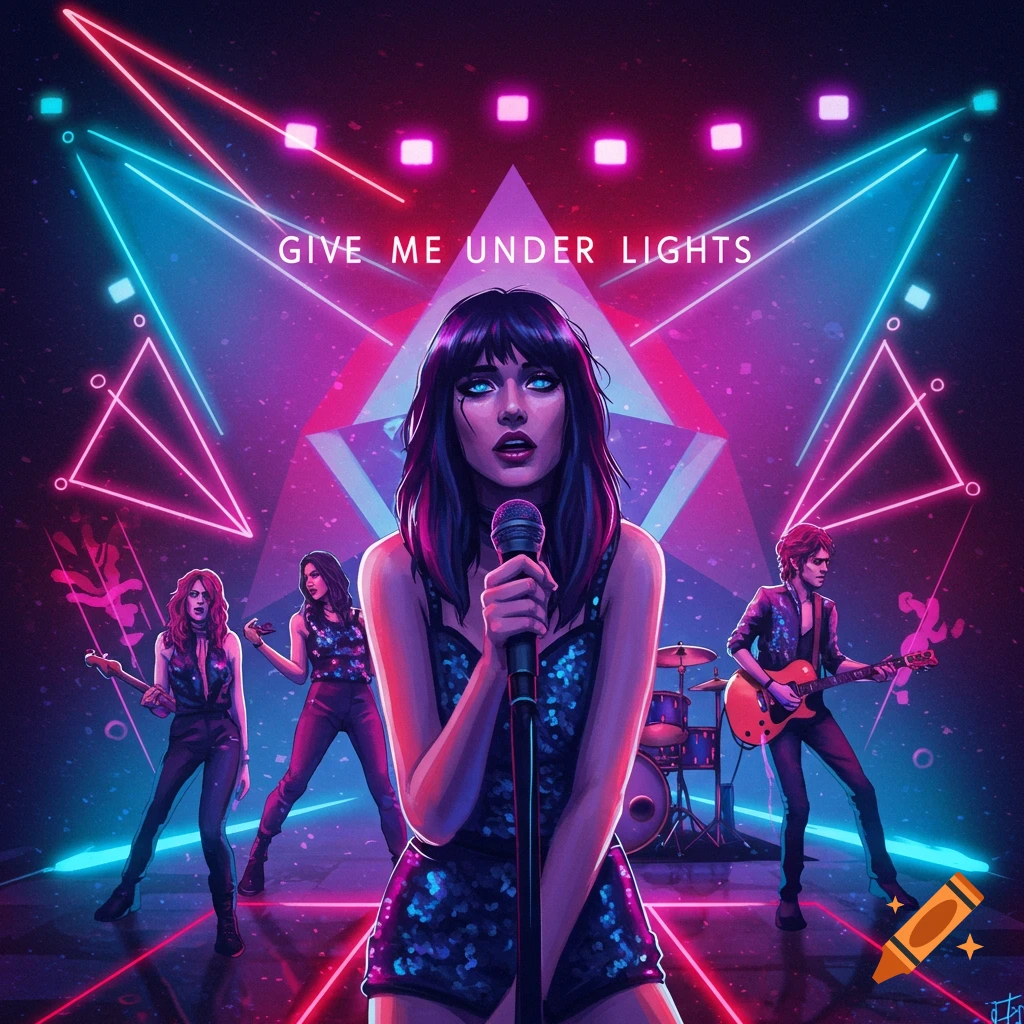 Band performs on stage under bright pink and blue neon lights.