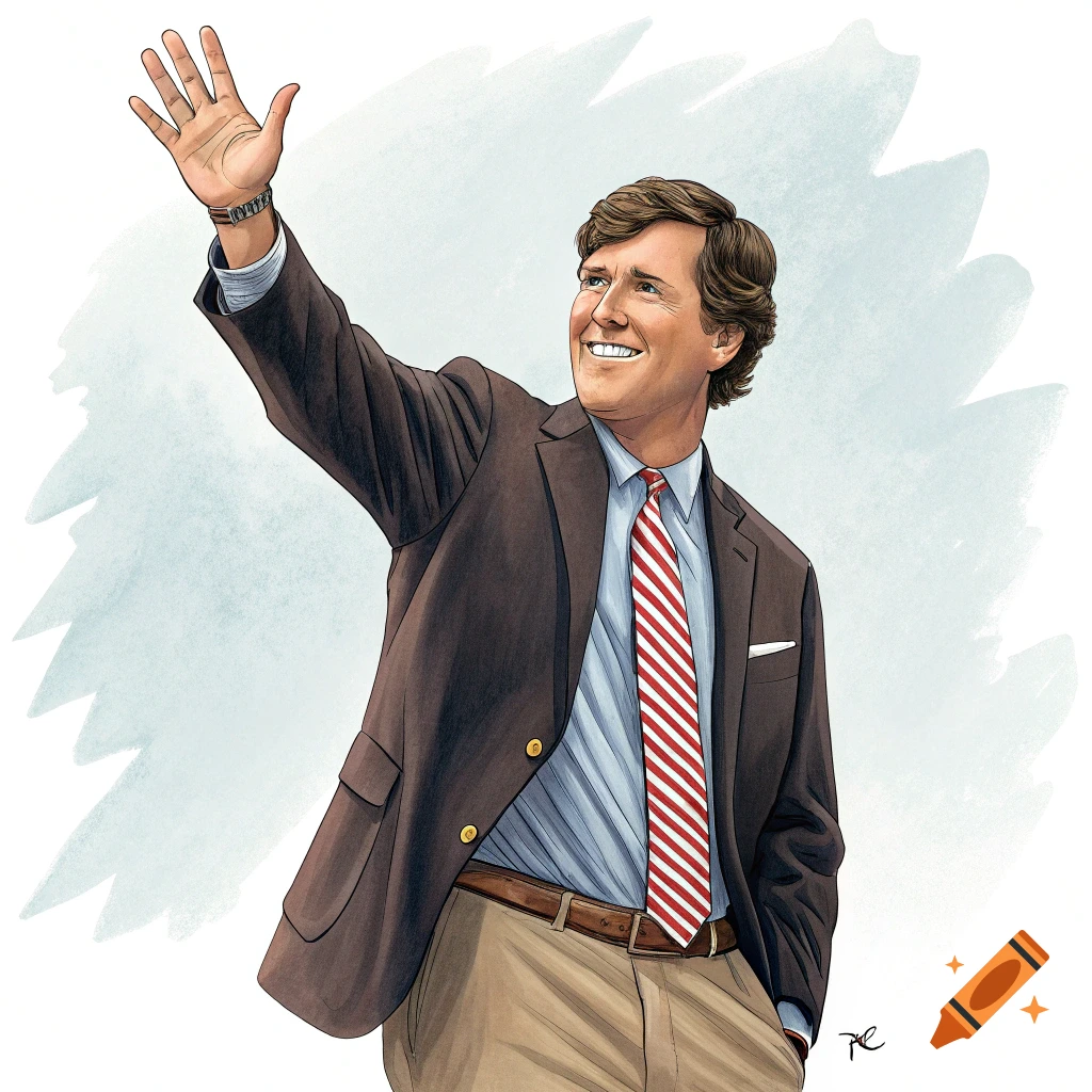 Illustration of Tucker Carlson waving while wearing a suit and tie.