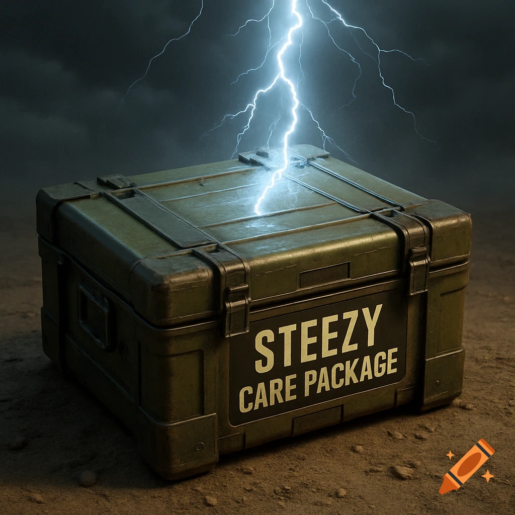 A military care package crate is struck by lightning under a stormy sky.
