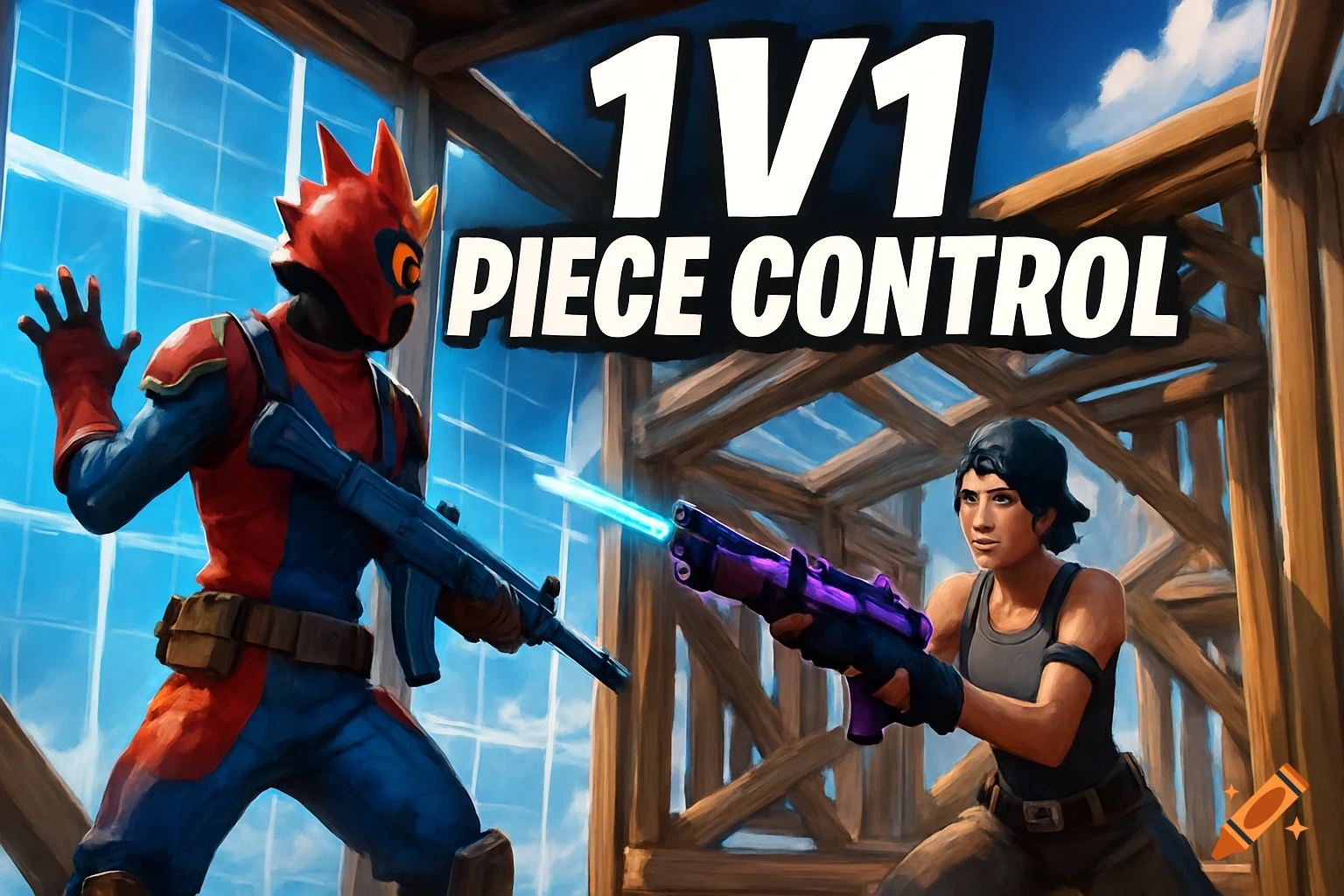 Two stylized characters holding guns, with text "1V1 PIECE CONTROL" overlayed, in a wooden building setting. Fortnite art style.