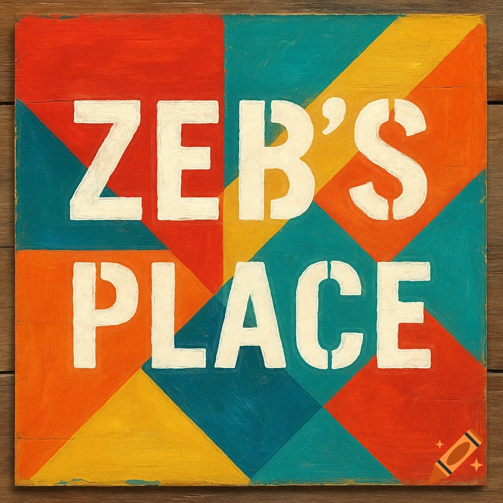 Painted wood sign with Zeb's Place in white stencil letters on a background of red, yellow, orange, and teal geometric blocks.