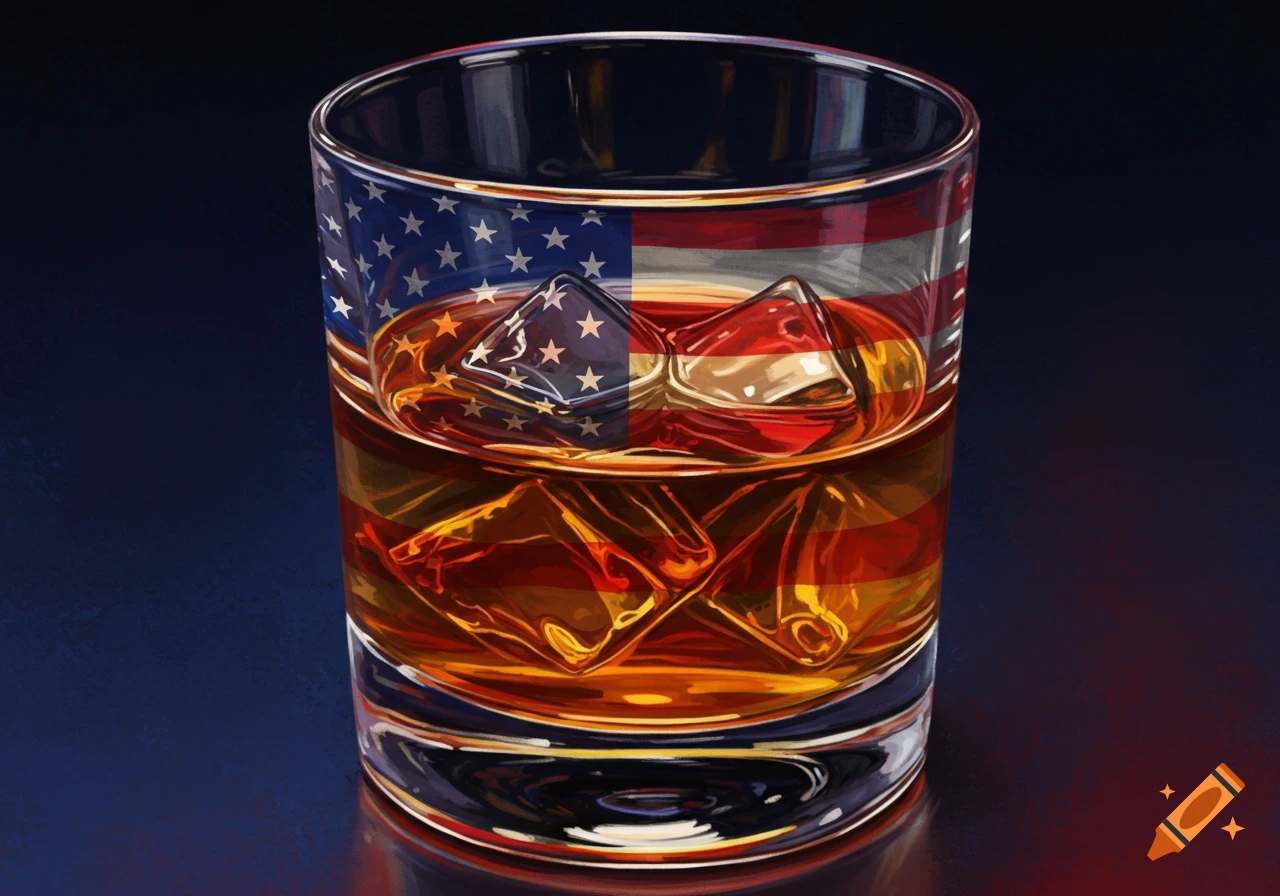 A glass of whiskey with ice, featuring the US flag pattern on its side. Photorealistic style.
