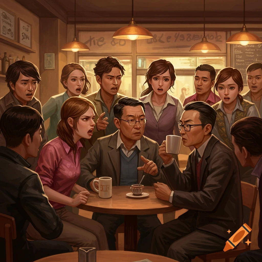 Illustration of a group of people having a tense argument at tables in a cafe.