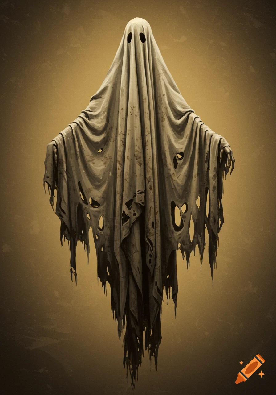 A tattered, stained sheet ghost floats against a sepia-toned background, rendered in a spooky, grungy style.