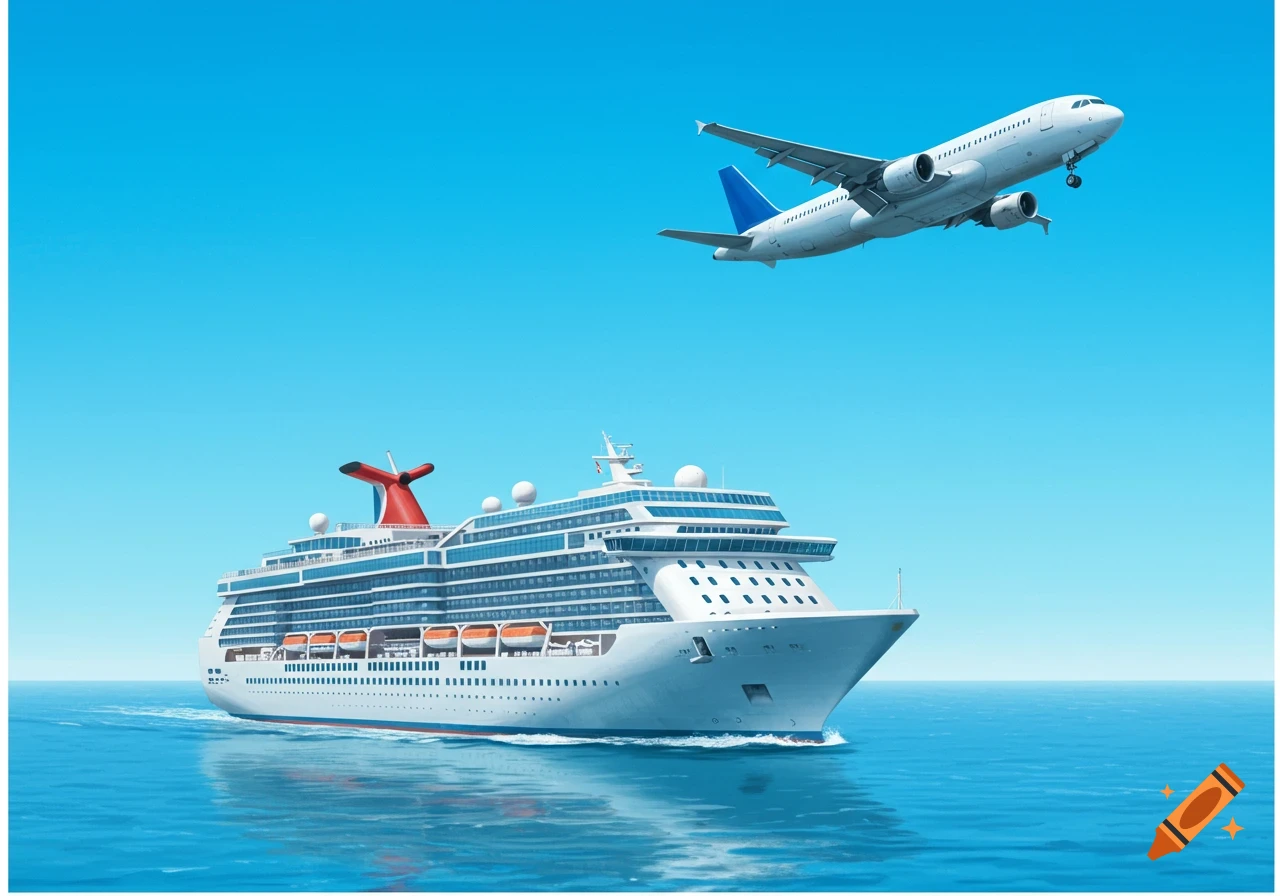 A large cruise ship on the water with an airplane flying above it in a clear blue sky.