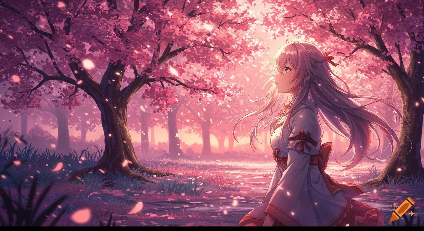 An anime girl walks through a sunny forest filled with pink cherry blossom trees and falling petals.