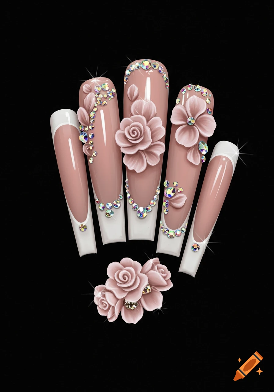 Close-up of decorated nails with French tips, 3D pink flowers, and iridescent crystals on a black background.