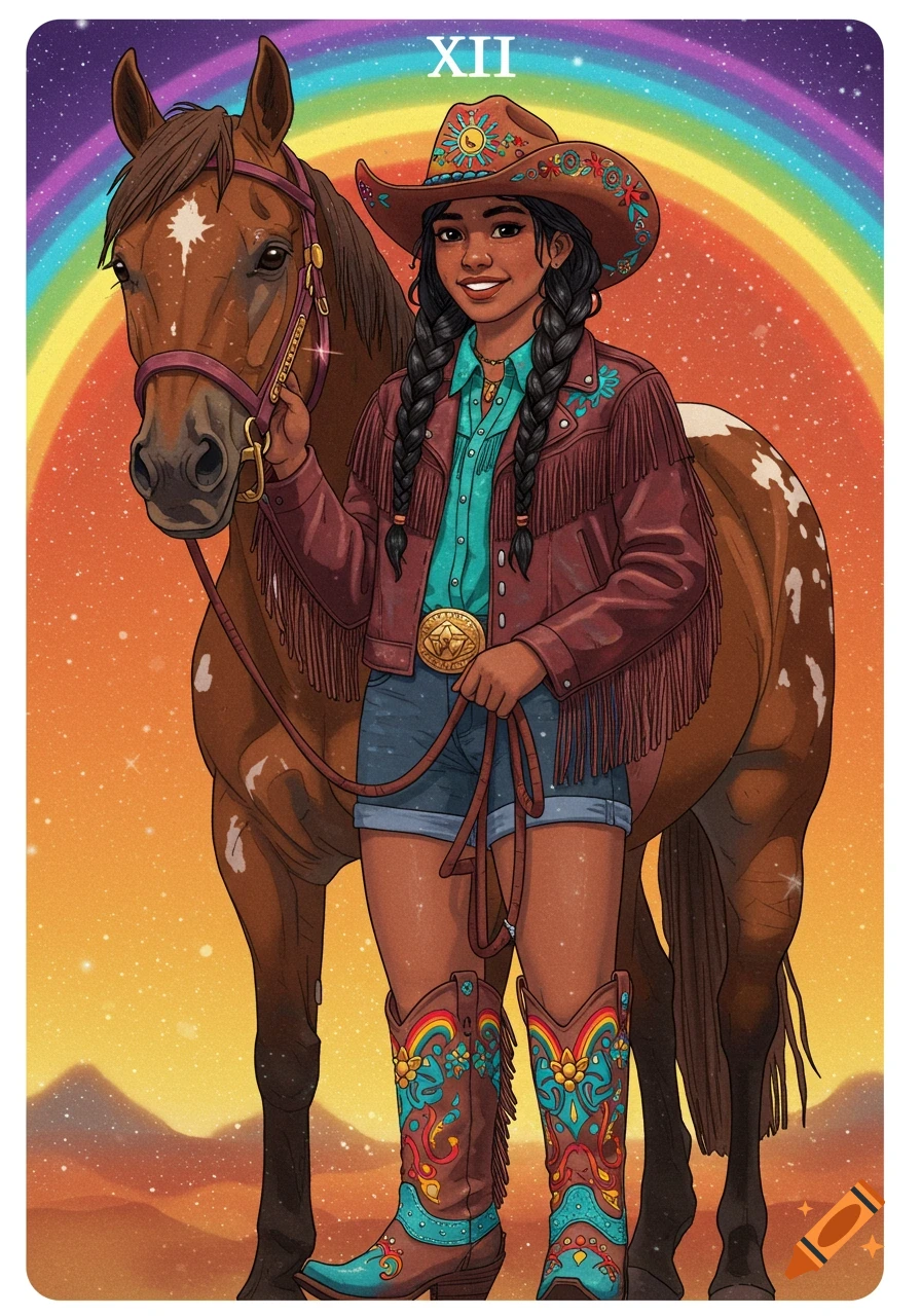 Illustration of a cowgirl holding a horse's bridle in front of a rainbow, stylized as a tarot card.