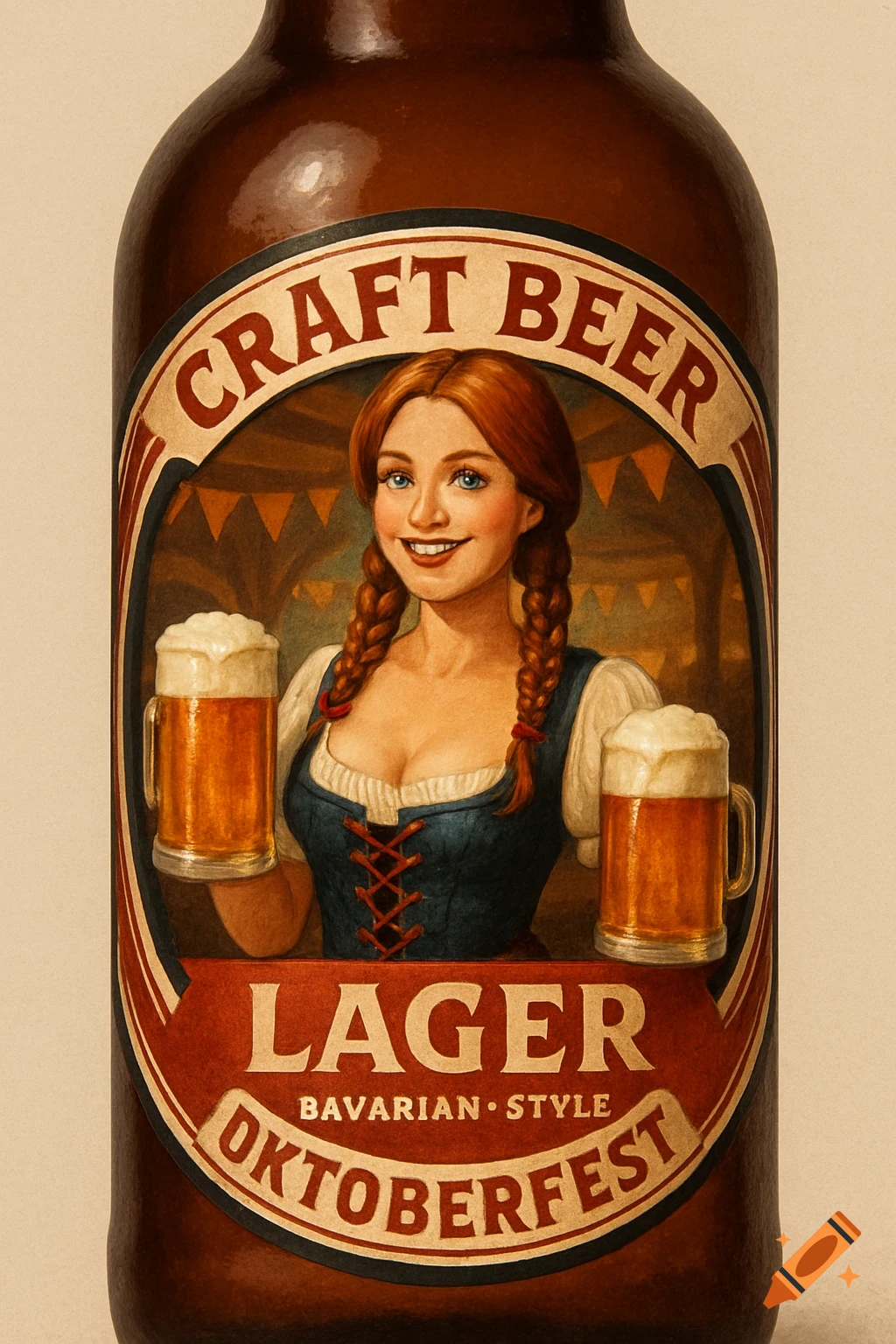 Illustration of a craft beer bottle label with a woman in a dirndl holding beer steins. Text says CRAFT BEER LAGER BAVARIAN STYLE OKTOBERFEST.