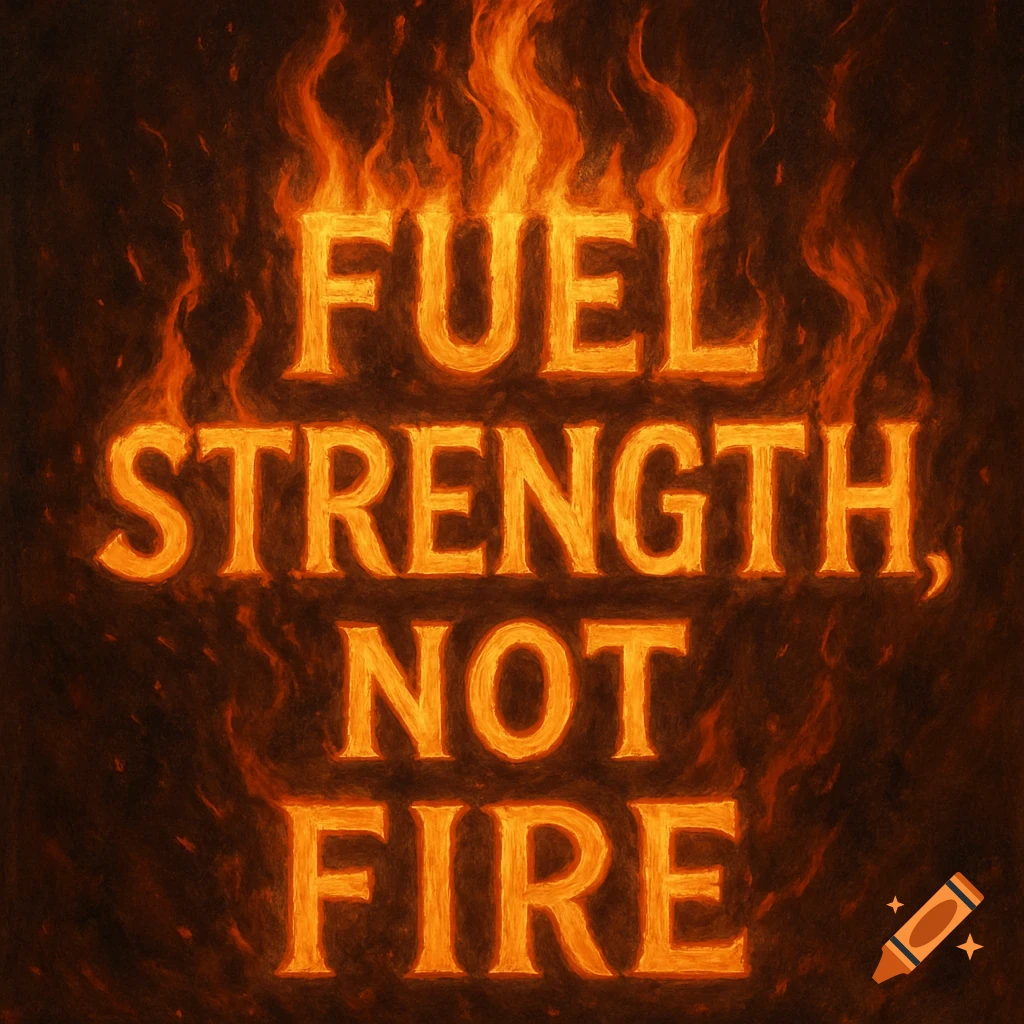 Text "Fuel Strength, Not Fire" on fire