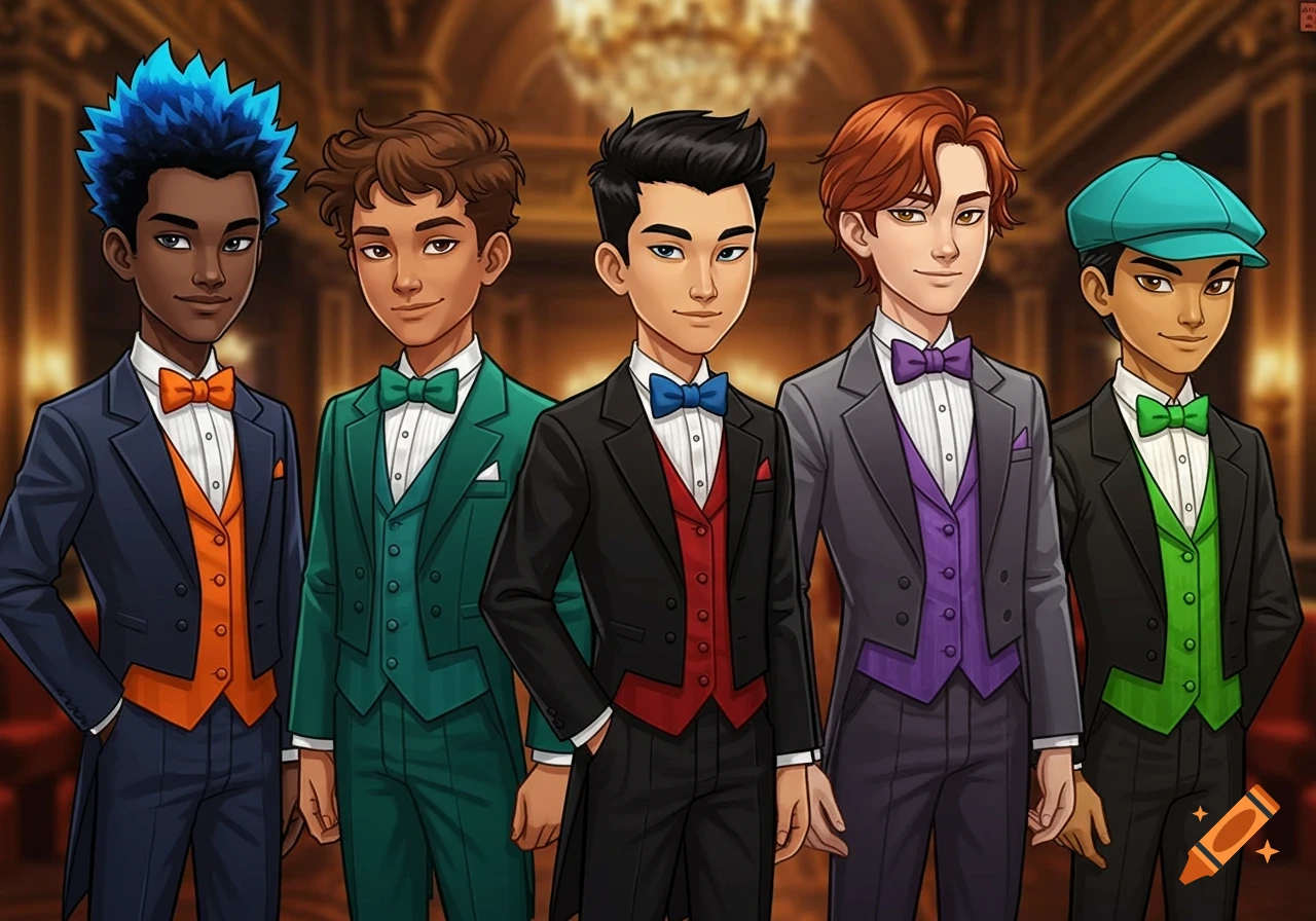 Five cartoon teenage boys in colorful tuxedos stand in an opulent ballroom in a graphic novel style.