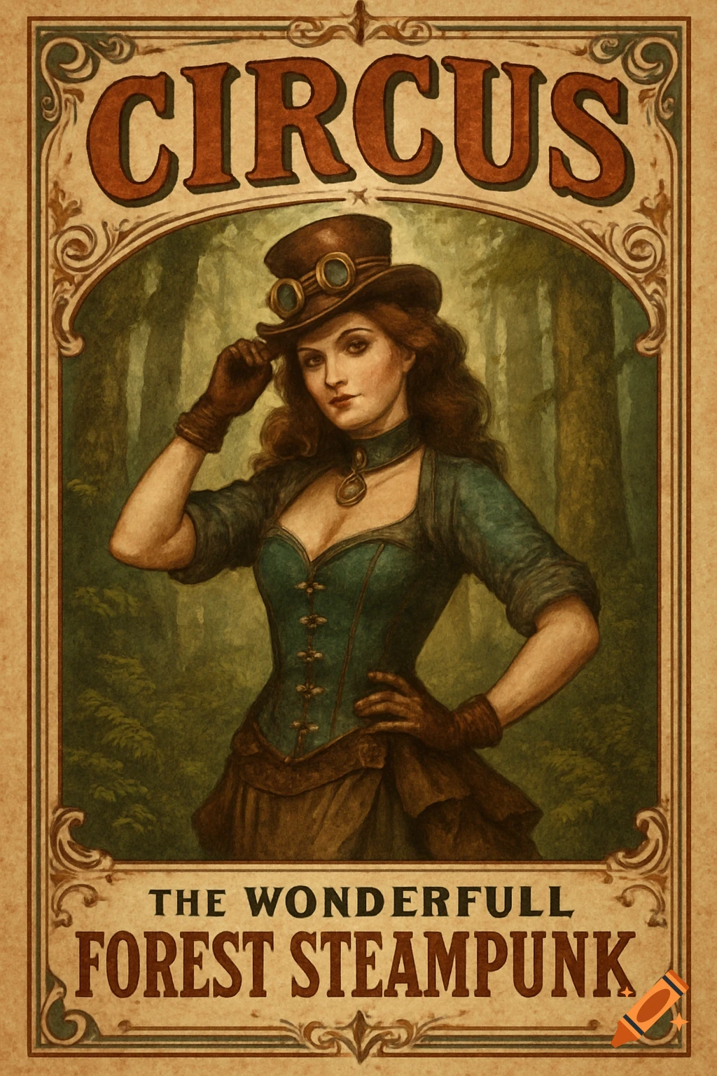 Vintage circus poster featuring a woman in steampunk hat and outfit against a forest backdrop.