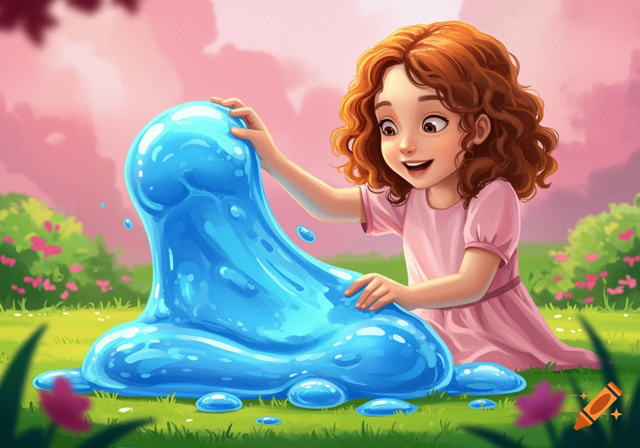 Cartoon illustration of a girl playing with a large blue slime creature in a field.
