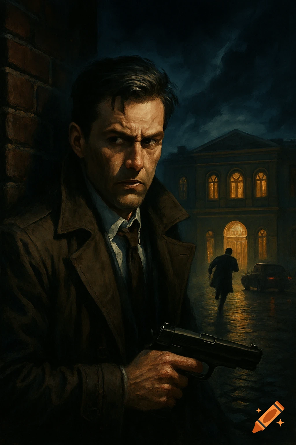 Painting of a man in a trench coat with a gun, someone running from a building behind him at night.
