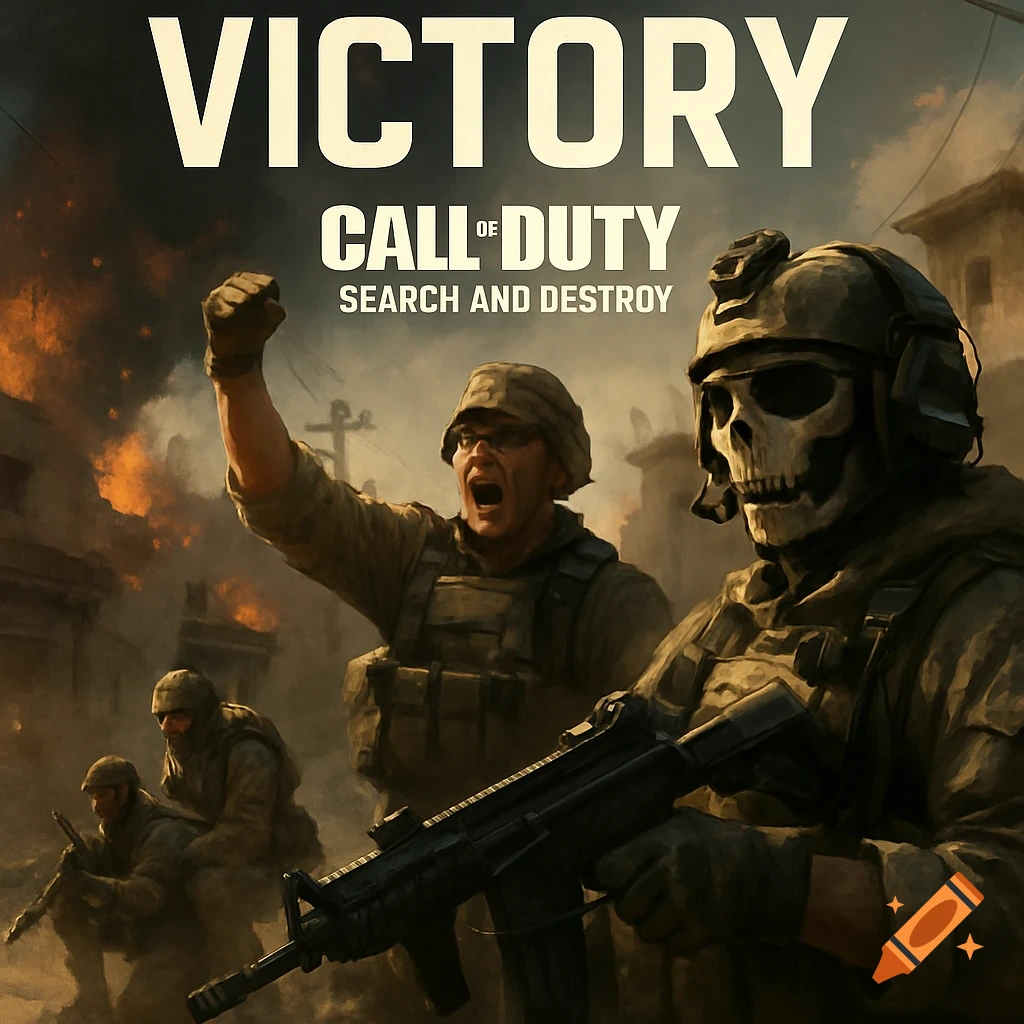 Soldiers celebrating victory in a combat zone under large text 'VICTORY CALL OF DUTY SEARCH AND DESTROY'
