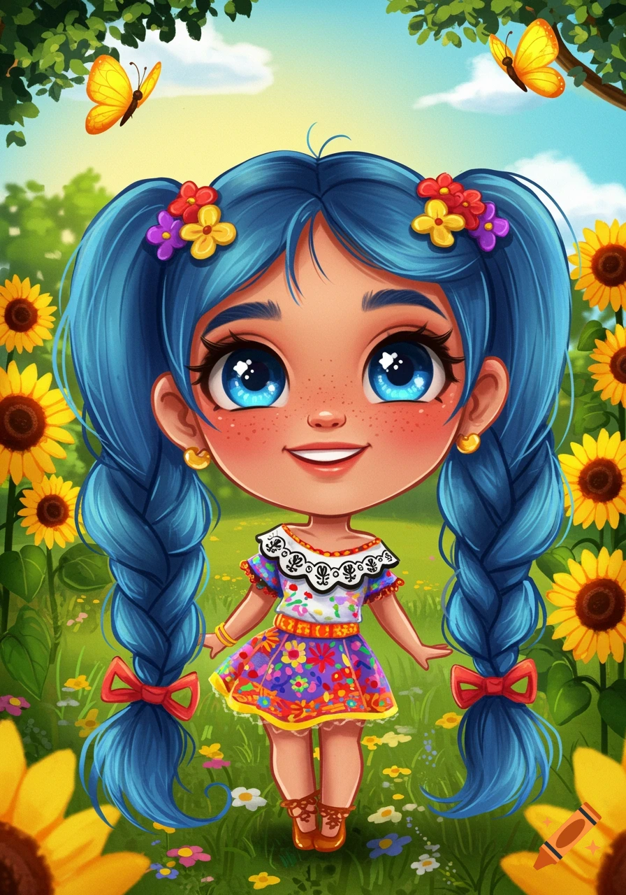 Cute cartoon girl with blue pigtails in a field of sunflowers